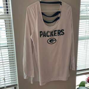 Long sleeve white Packers shirt with cut out back design.